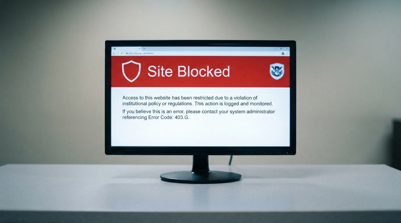 ACMA website-blocking notice on a computer screen beside the Australian Government crest