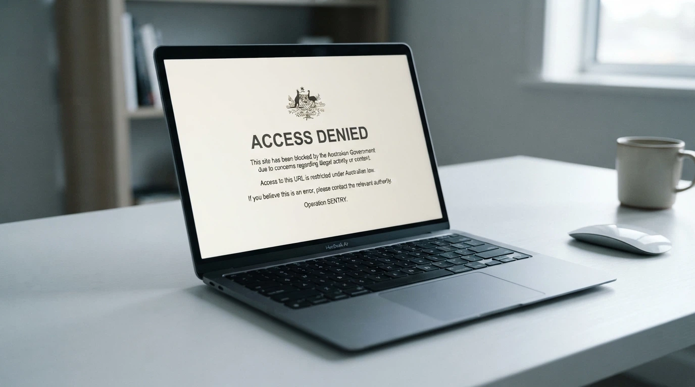 A browser window displaying an ACMA website blocking notice with the Australian Government crest