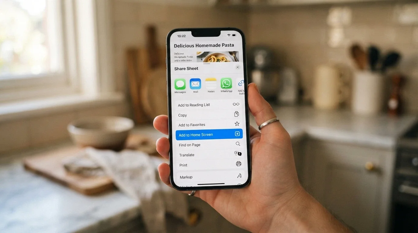 An iPhone Safari share sheet with the “Add to Home Screen” option highlighted, showing the step in progress
