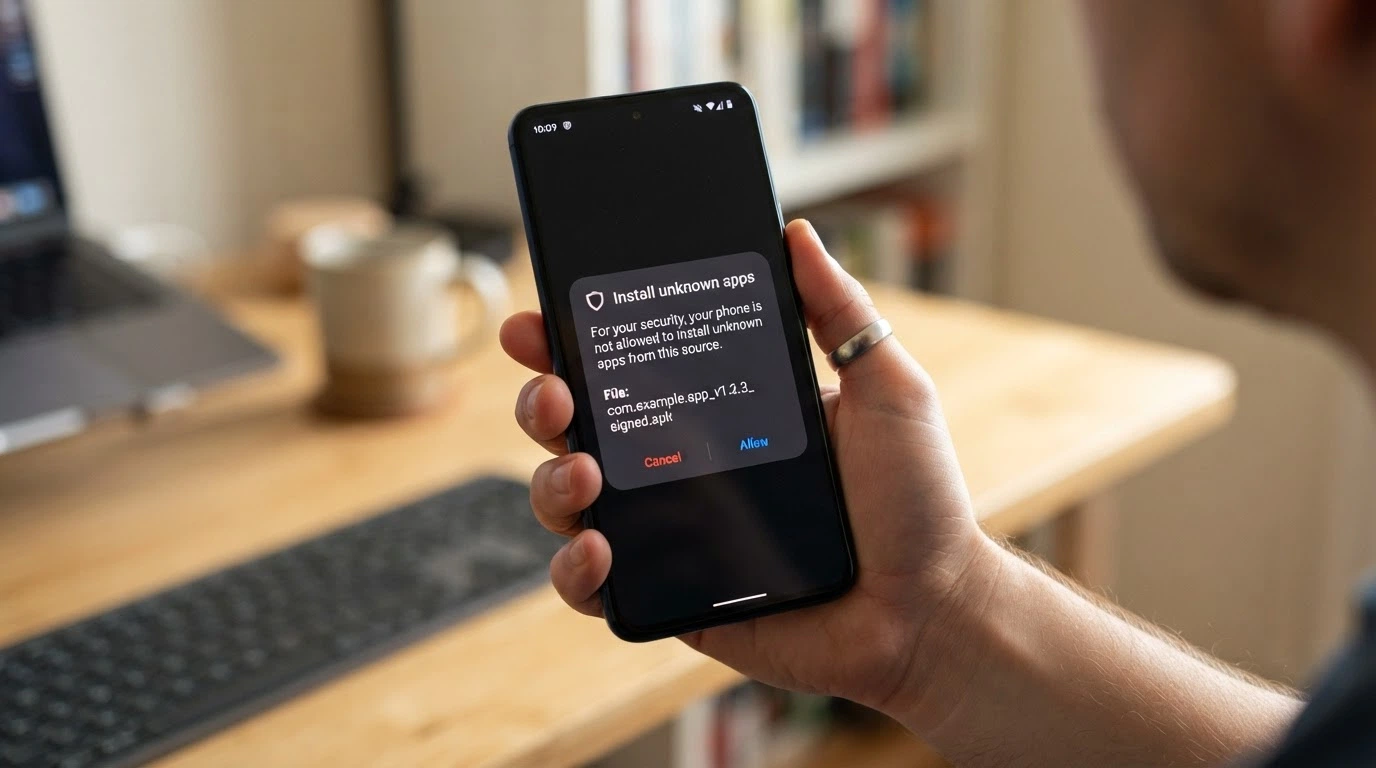 An Android phone screen displaying a security prompt asking the user to allow installation from unknown sources, with a casino APK file name visible