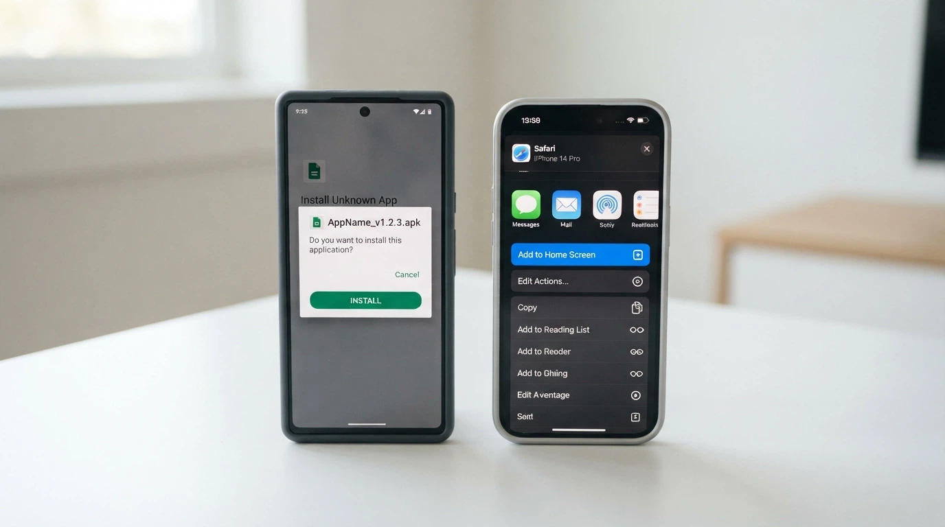 Two phones side by side — one Android showing an .apk install prompt, one iPhone showing a Safari “Add to Home Screen” dialog for the same casino