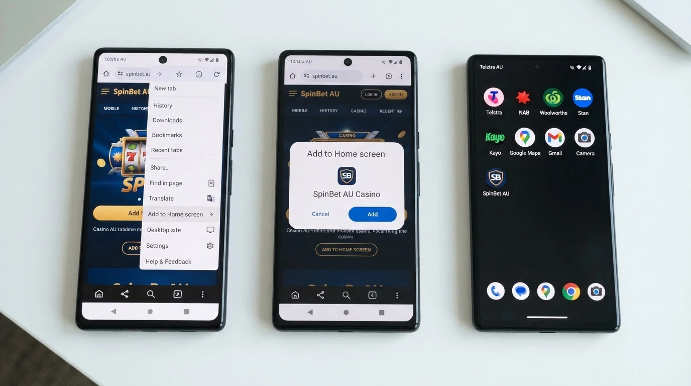 A sequence of three Android screens showing the PWA installation flow: Chrome menu → “Add to Home Screen” → the casino icon on the home screen beside native apps