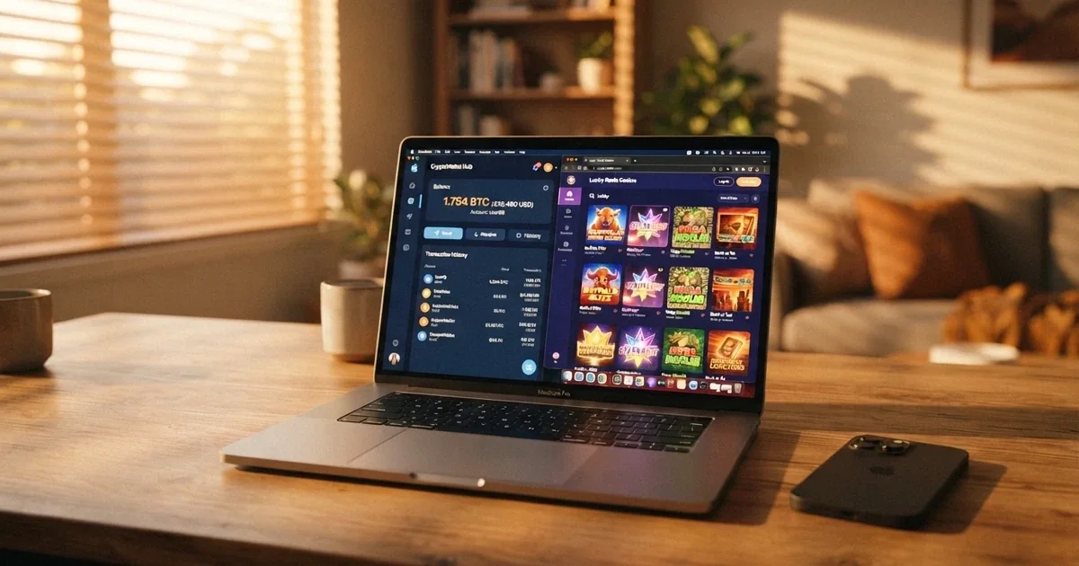 A laptop screen displaying a cryptocurrency wallet interface beside an online casino lobby with pokie thumbnails, no personal documents visible