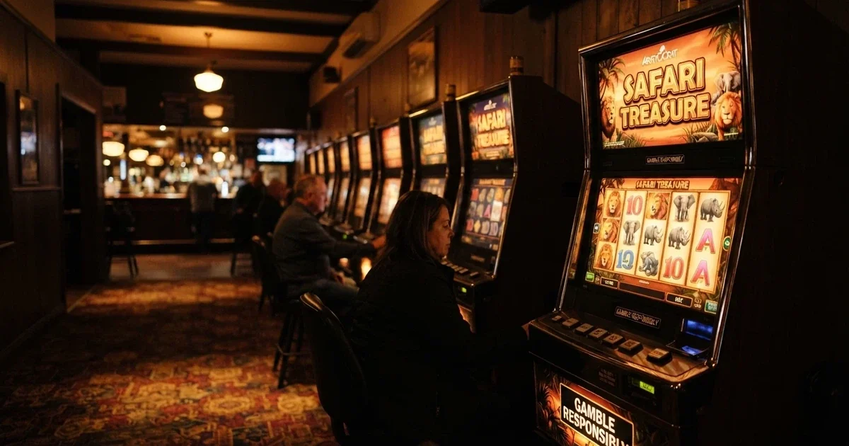A row of illuminated Aristocrat pokies cabinets in an Australian pub or club venue, with the iconic Buffalo or Lightning Link cabinet in the foreground