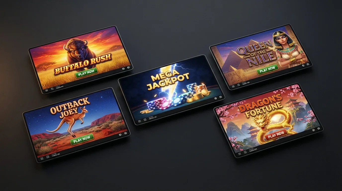 A grid or collage of the most recognisable Aristocrat slot-title splash screens — Buffalo, Queen of the Nile, Lightning Link, 5 Dragons, Big Red