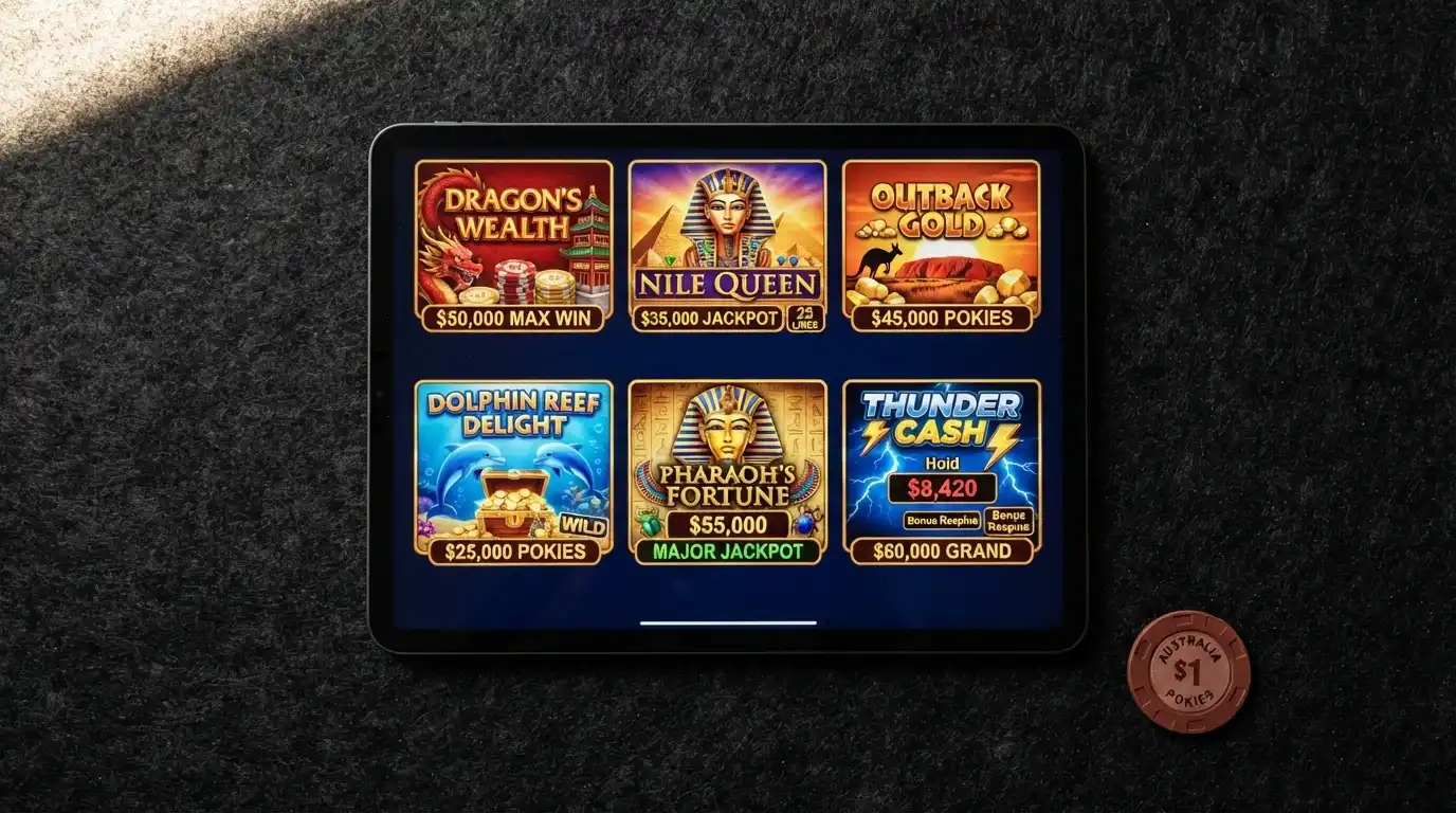 Grid arrangement of six Aristocrat pokie title screens — 5 Dragons, Queen of the Nile, Big Red, Dolphin Treasure, King of the Nile and Lightning Link