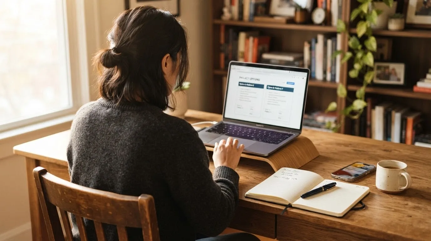 An Australian player at a laptop with a notepad beside them comparing payment method notes, a coffee cup and smartphone visible — a decision-making scene, not a transaction scene