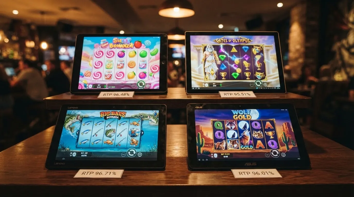 A collage of four Australian-facing online pokie title cards — Sweet Bonanza, Gates of Olympus, Big Bass Bonanza and Wolf Gold — arranged in a grid with their RTP percentages beneath each