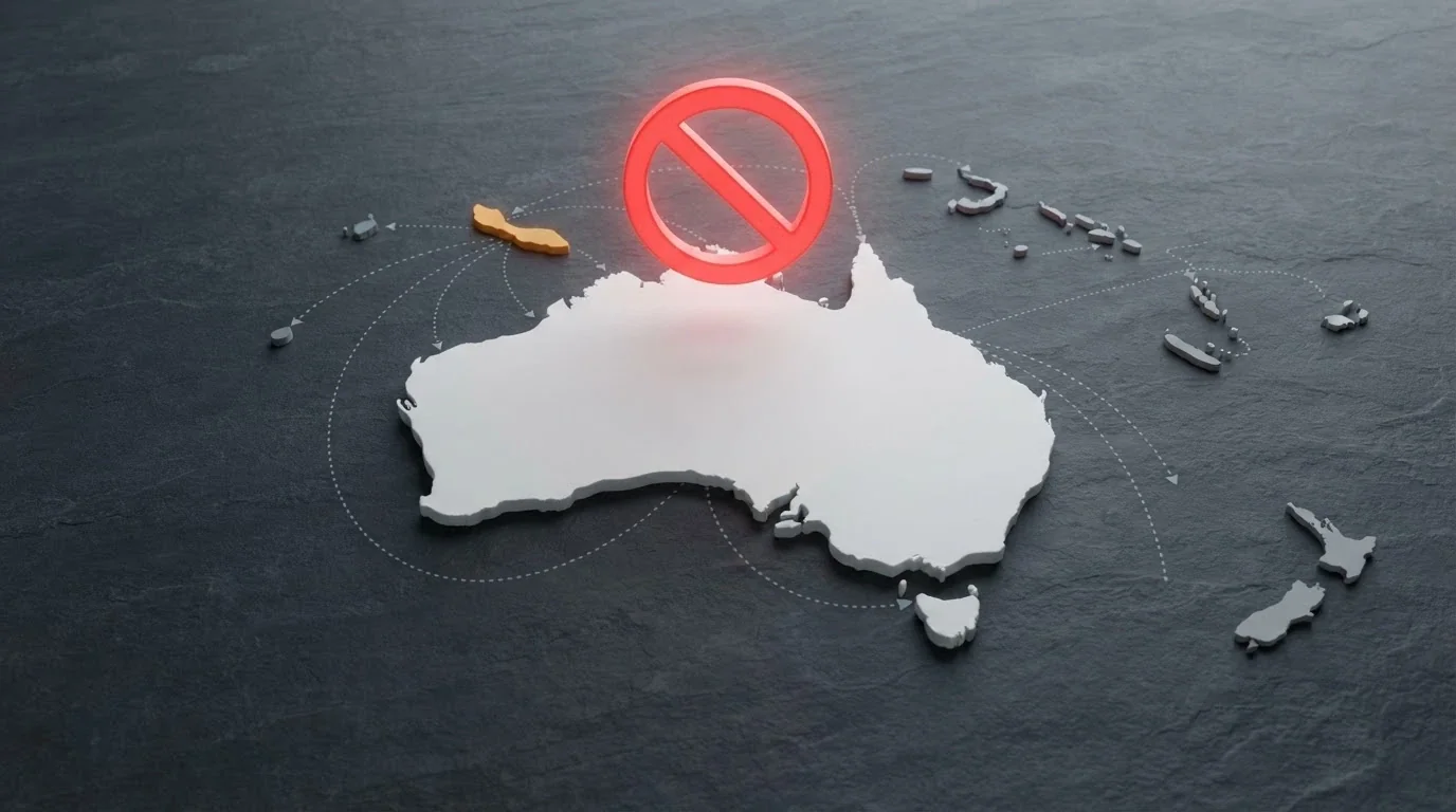 A stylised map of Australia with a red prohibition symbol over it, surrounded by small offshore-island markers labelled with licence jurisdictions — Curacao prominent at centre