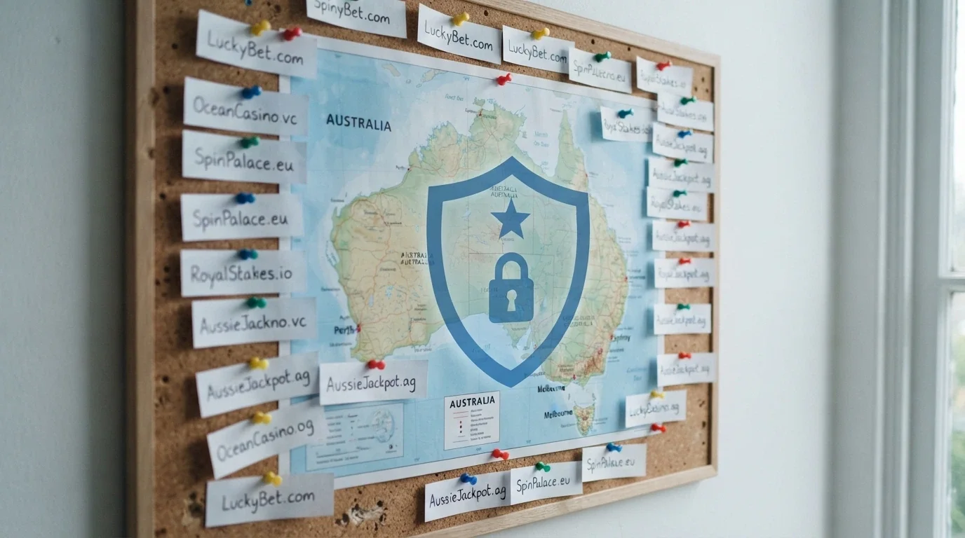 A stylised map of Australia with offshore casino domains circling outside its borders, overlaid with the ACMA logo and a blocking symbol