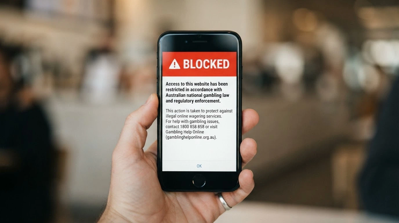 A smartphone screen displaying a blocked gambling website notice with ACMA branding visible