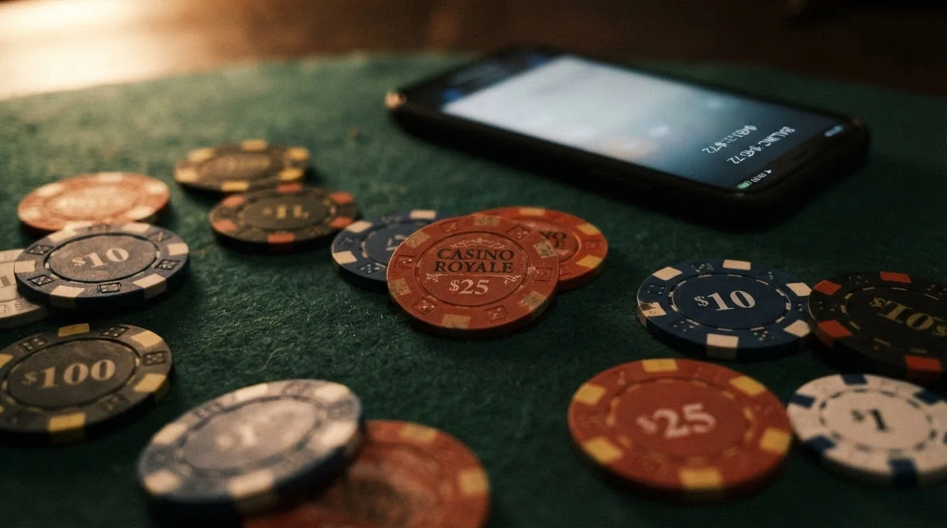 A single Australian one-dollar coin lying among scattered casino chips on a dark felt surface, with a smartphone showing a low account balance in the background