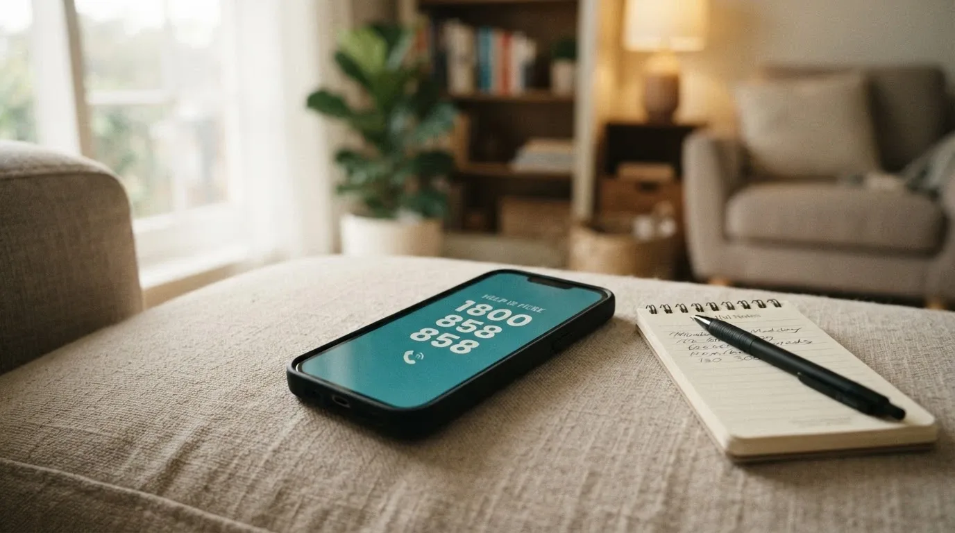 A calm, supportive visual of the 1800 858 858 helpline number on a phone screen alongside the Gambling Help Online and BetStop logos