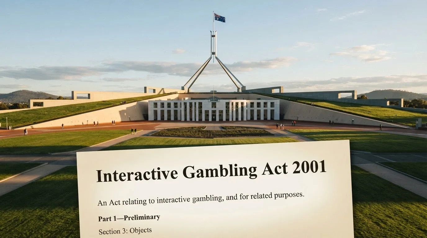 Australian Parliament House with a document overlay reading Interactive Gambling Act 2001