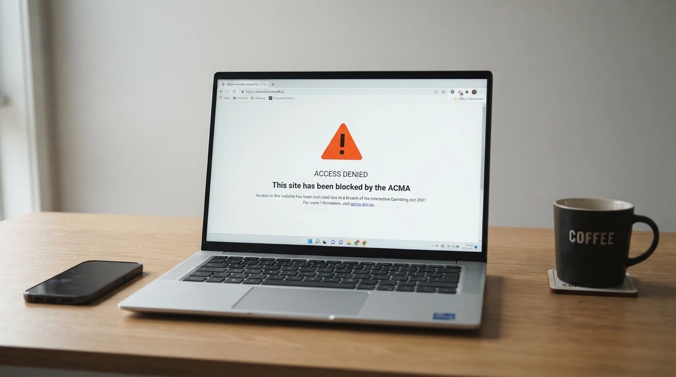 A graphic showing the ACMA logo, the Interactive Gambling Act document title, and a blocked-website browser screen with the ACMA blocking notice visible