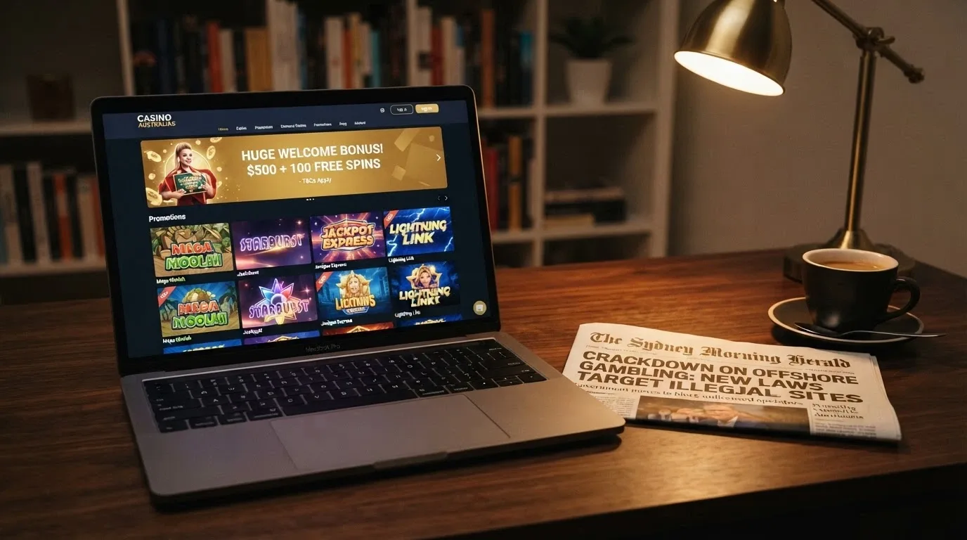 A close shot of official-looking regulatory documents with the Australian coat of arms visible, next to an offshore casino logo on a laptop screen