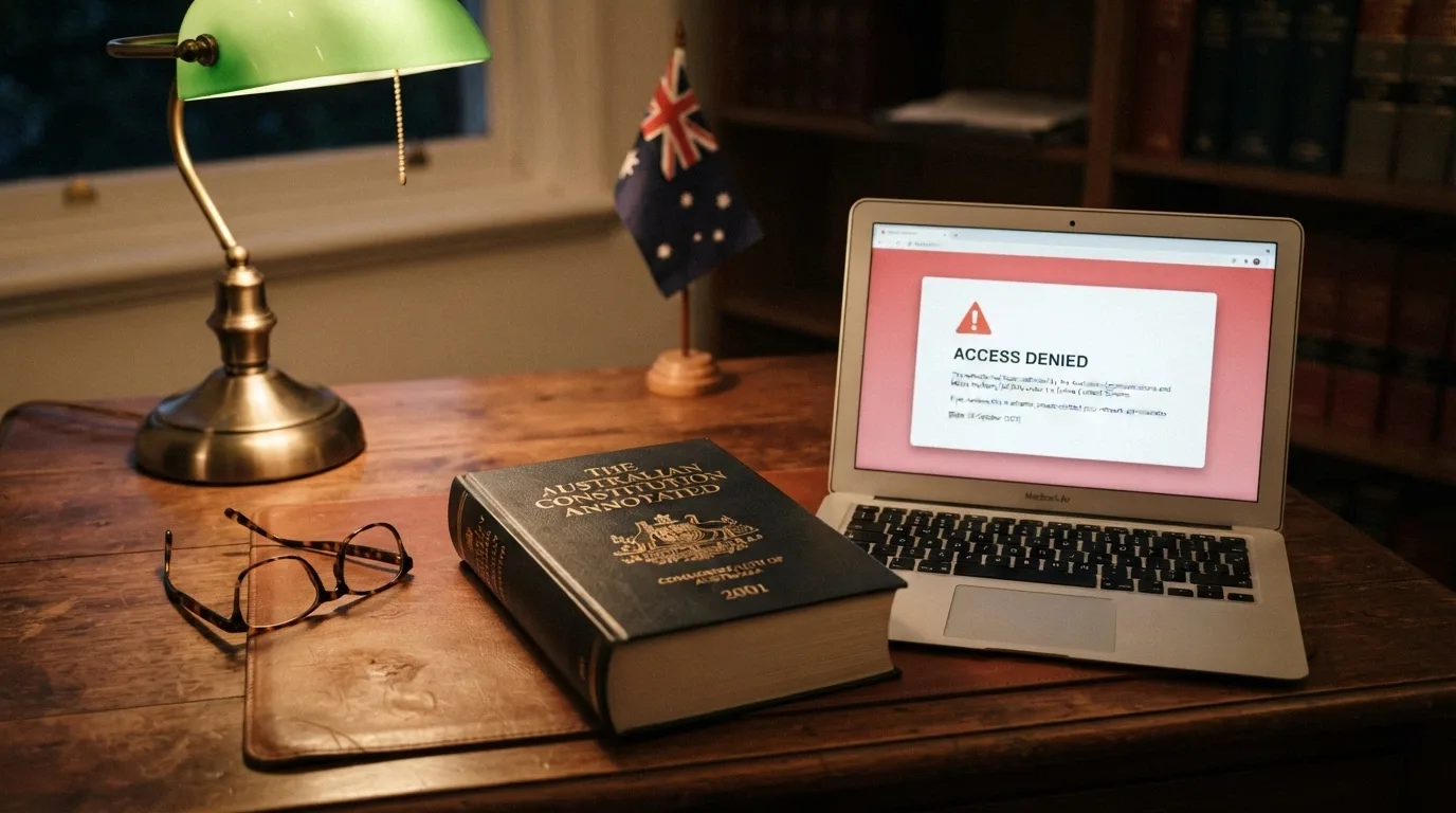 The Interactive Gambling Act 2001 statute book beside a screen showing an ACMA-blocked casino website notice