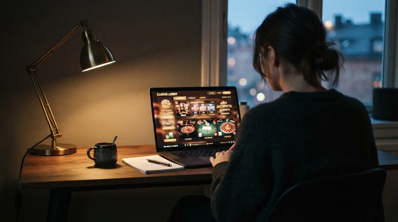 A person seated at a desk with a laptop open to a casino site, looking at the screen with a considered expression