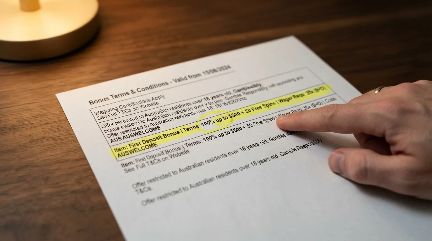 A close-up of a casino bonus terms panel with the wagering requirement highlighted