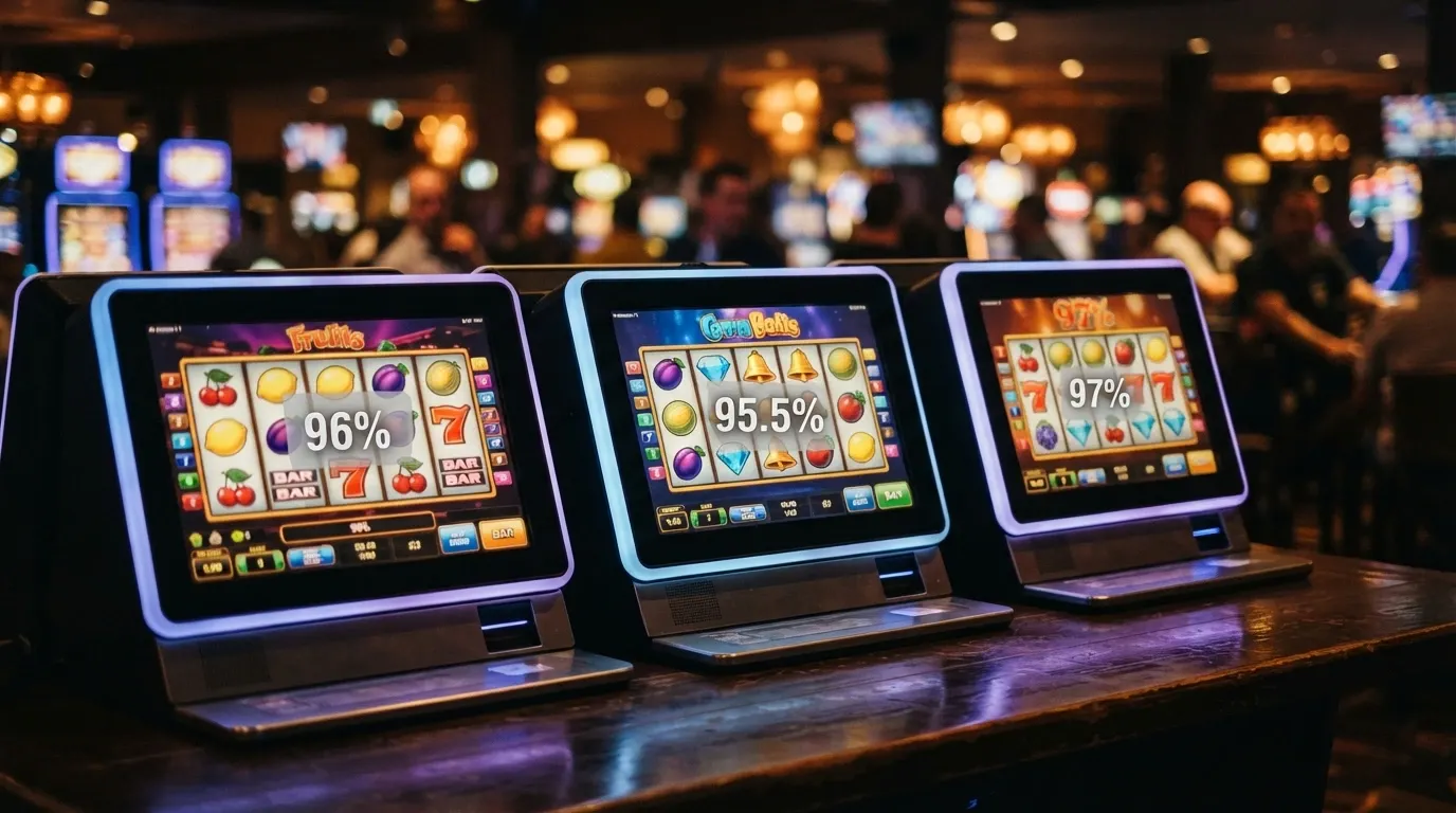 A row of illuminated online pokie machine screens showing spinning reels with RTP percentages overlaid
