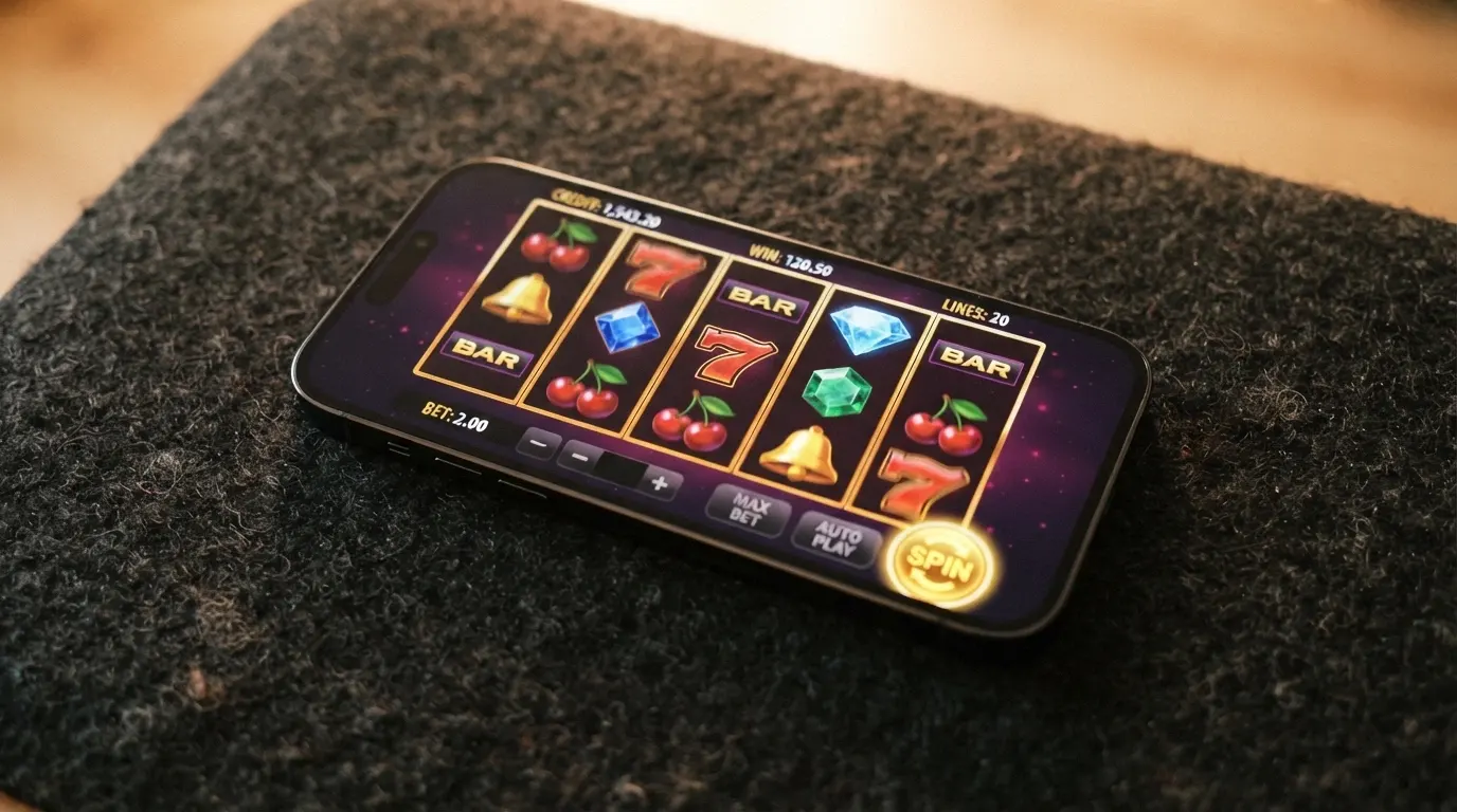 An iPhone in landscape orientation showing a colourful pokie game screen with spin button and reel grid