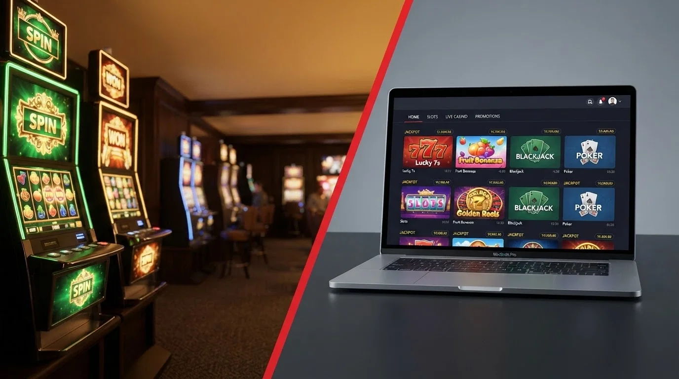 A split composition: on one side a pub pokies room with machines, on the other a laptop showing an offshore casino lobby, with a red prohibition line between them
