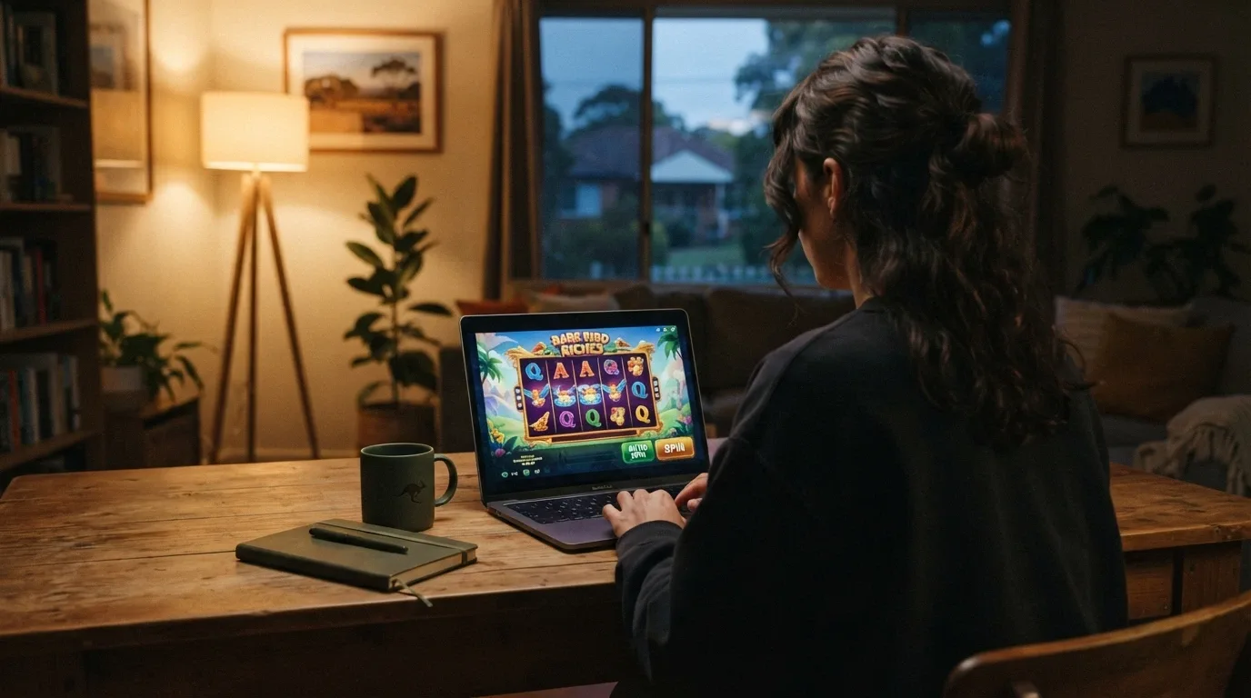 An Australian player looking at a laptop screen showing Aristocrat pokies, with a visible choice between a free-play button and a real-money offshore site