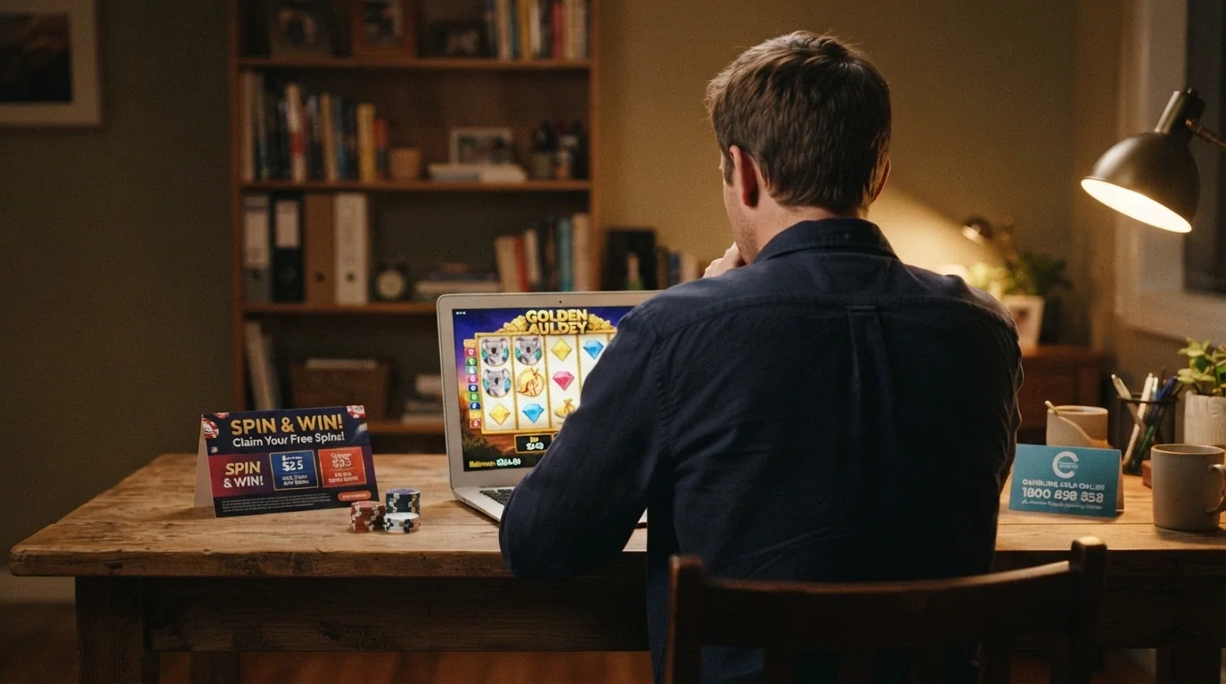 An Australian player at a laptop weighing two paths — a free-spin offer card on one side, a responsible-gambling resource on the other