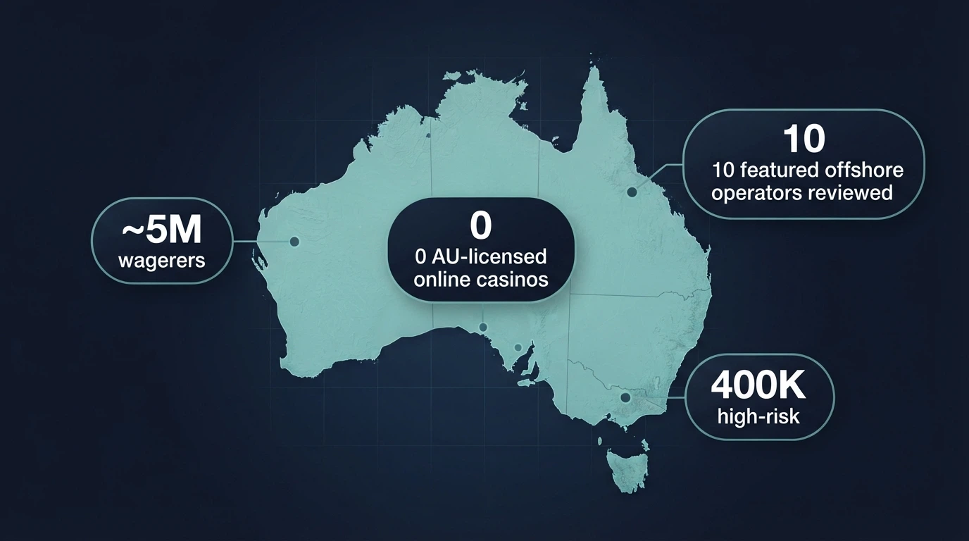 A stylised map of Australia with data-point callouts: “~5M wagerers,” “400K high-risk,” “0 AU-licensed online casinos,” and “10 featured offshore operators reviewed.”