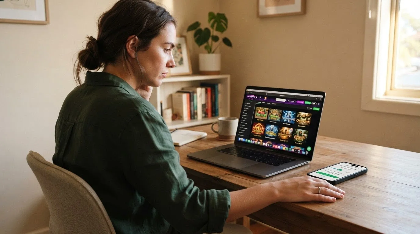 Australian player at a laptop with a thoughtful expression, a deposit-limit screen visible on the phone beside them