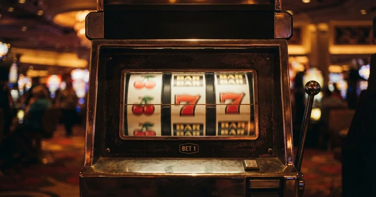 Three classic 3-reel pokie reels spinning with cherry, bar and seven symbols visible on a casino-style grid