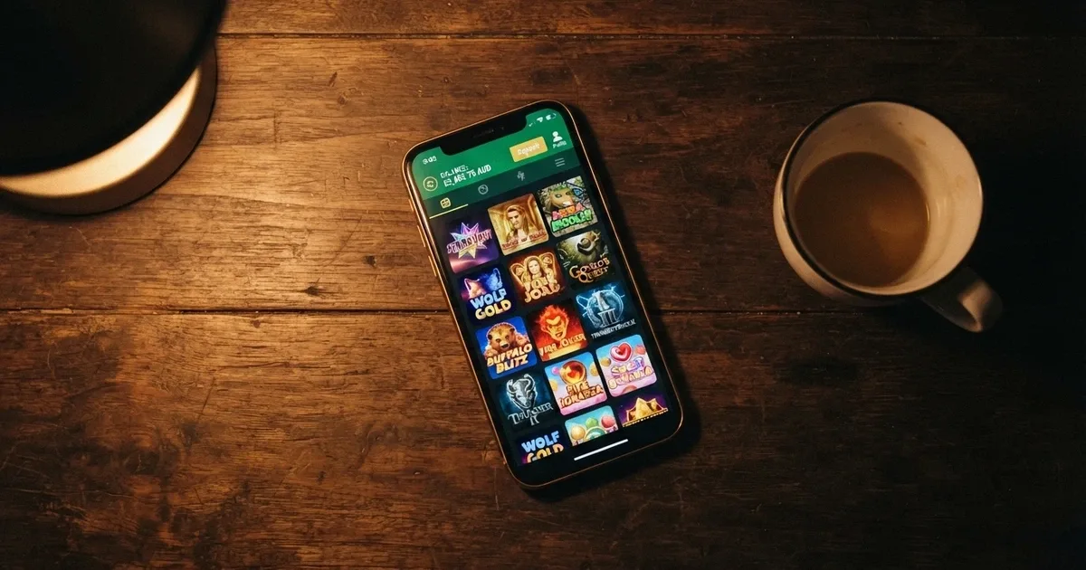A smartphone screen showing an online casino lobby with AUD balances and pokie thumbnails, set against a dim home-office background with a coffee cup