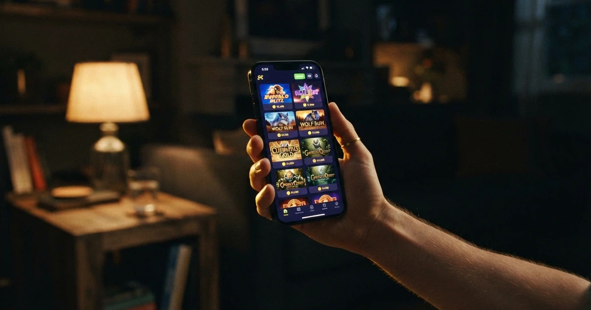 A smartphone held in one hand showing a mobile casino game lobby with pokies tiles arranged in a grid, bright screen against a darkened room