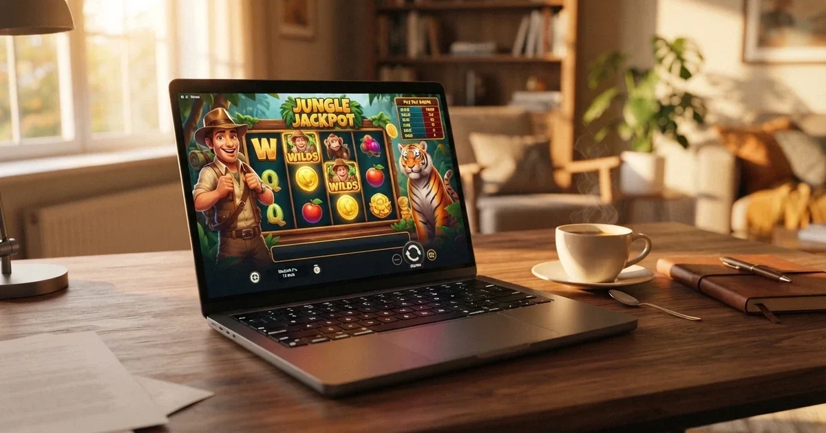 Grid of Betsoft 3D pokie titles displayed on a laptop screen with a cup of coffee beside it