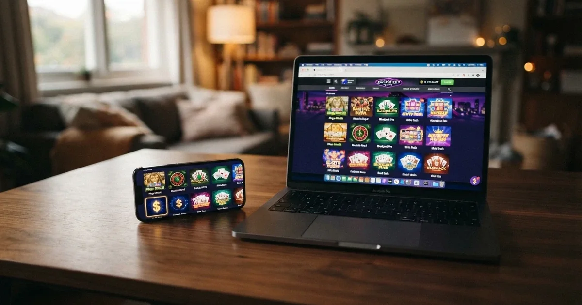 A smartphone screen showing a casino app icon grid alongside a browser displaying the same casino lobby, with an Australian dollar symbol visible on one of the game tiles