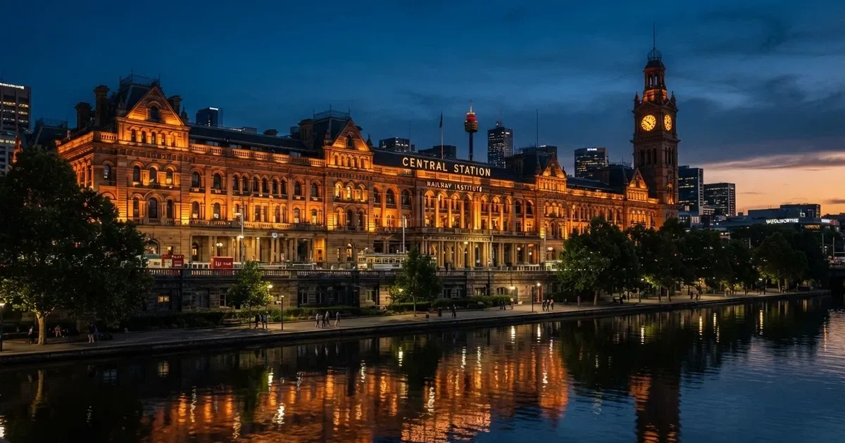 Heritage sandstone façade of the former Adelaide Railway Station at night, illuminated, with SkyCity Adelaide signage visible