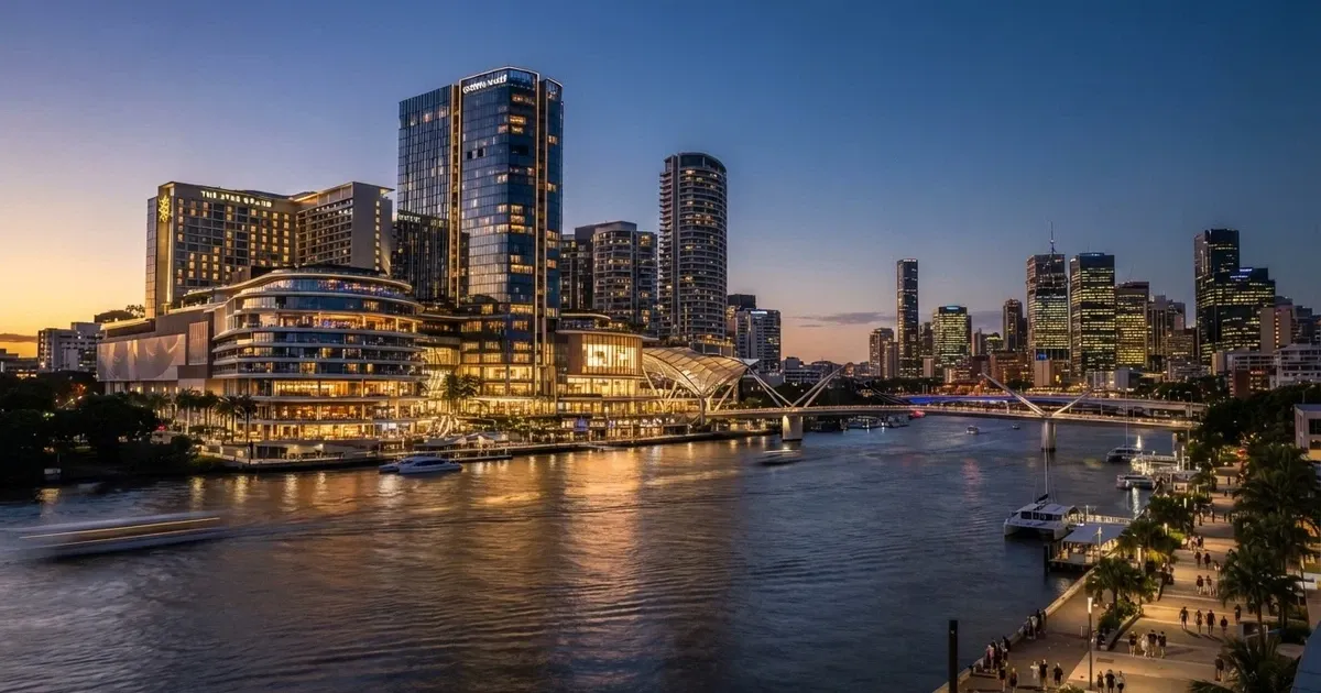 The Star Brisbane riverside complex at Queen's Wharf lit at dusk, with the Brisbane River in the foreground