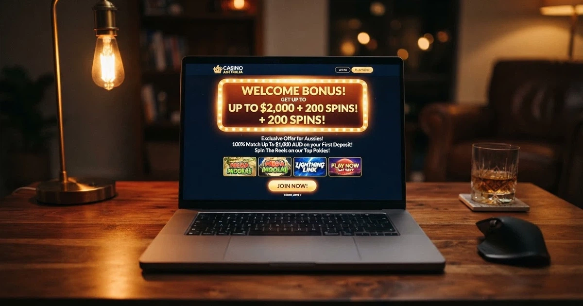 A laptop screen displaying an online casino welcome-offer landing page with a highlighted sign-up bonus banner, Australian dollars visible
