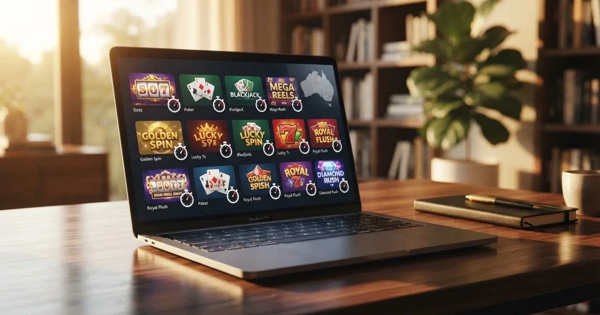 A laptop screen displaying a list of online casino logos next to withdrawal speed indicators, with an Australian map outline in the background