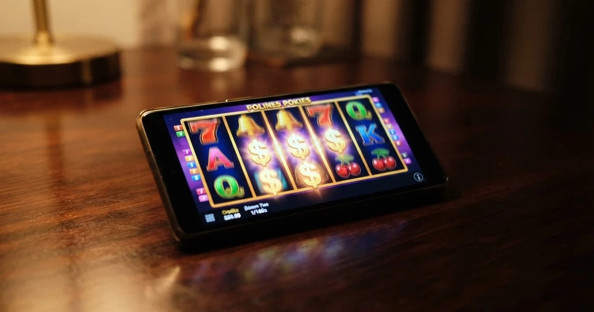 A row of colourful online pokies reels spinning on a smartphone screen with Australian dollar symbols overlaid