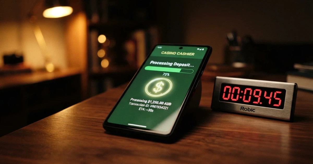 A digital stopwatch beside an Australian dollar note on a smartphone screen, the phone displaying a casino withdrawal screen with the word processing in the status bar