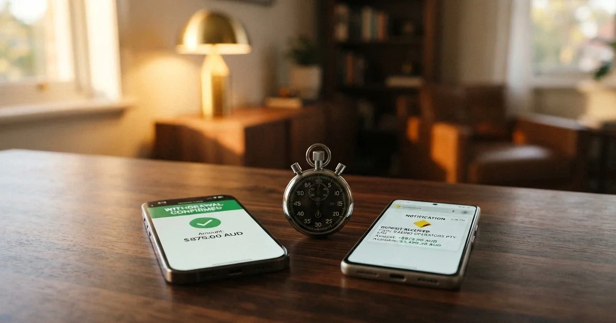 A split-screen comparison showing a casino withdrawal screen on one side and a bank notification on a phone on the other, with a timer between them