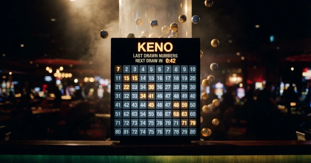 A digital keno board with numbered balls illuminated on screen, set against a dark casino-themed background with a subtle Australian colour accent