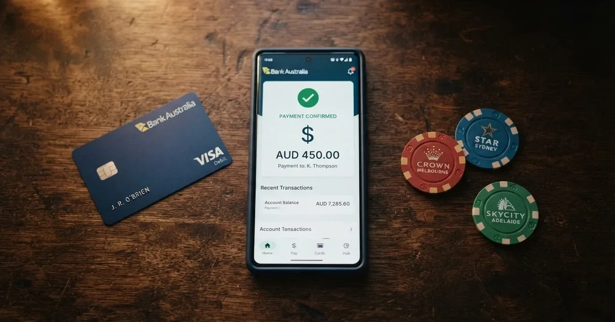 A selection of payment method icons — PayID, Visa, Mastercard, Bitcoin, Skrill and a smartphone showing a mobile banking app — arranged across a dark background with an Australian map outline