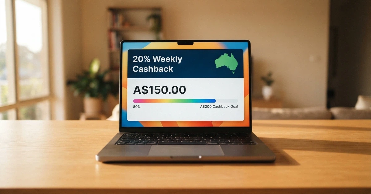 A computer screen showing an online casino cashback promotion page with percentage rates and terms, overlaid with a subtle Australian map outline