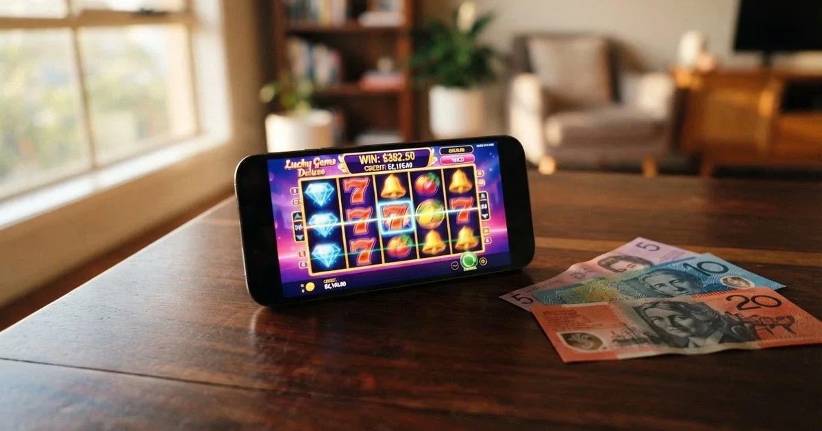 Grid of colourful online pokies reels on a screen with Australian dollar notes beside the device