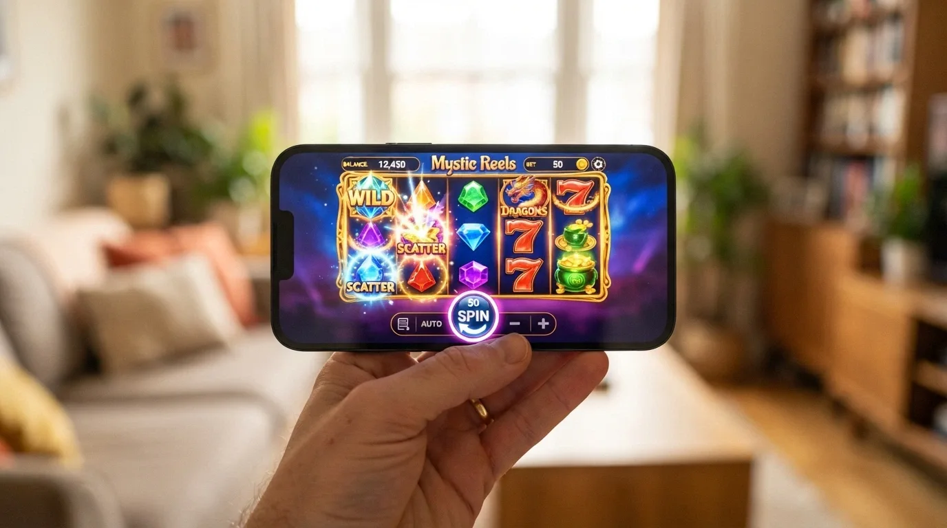 Betsoft pokie running on a smartphone held horizontally with touch spin button visible