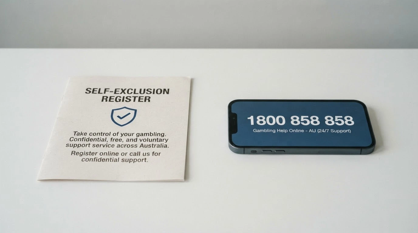 A split composition showing the BetStop National Self-Exclusion Register logo on one side and the 1800 858 858 National Gambling Helpline on the other