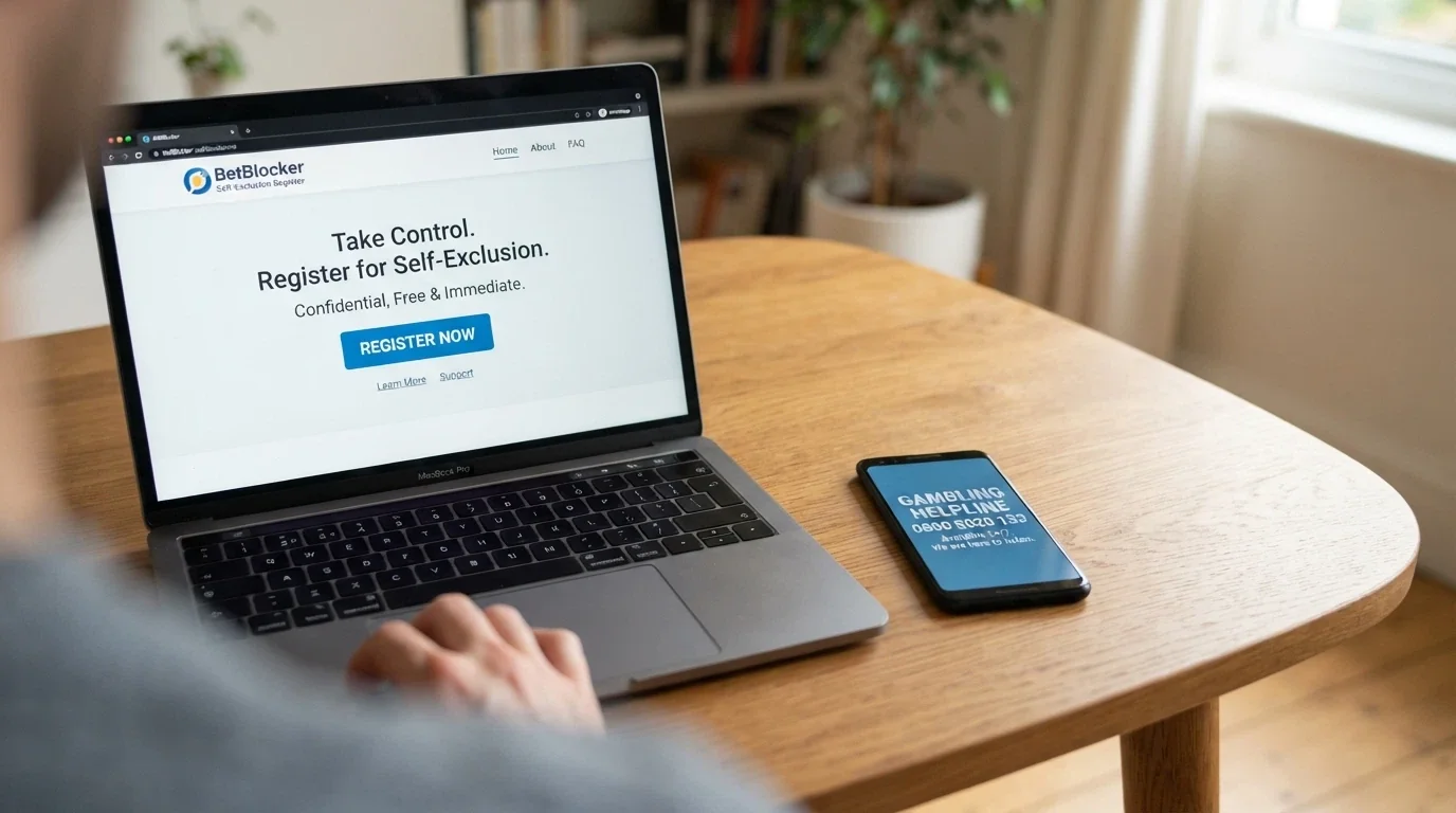 The BetStop.gov.au homepage on a laptop screen next to a phone displaying 1800 858 858, the National Gambling Helpline number