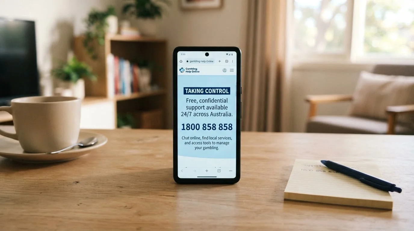 A phone screen showing the Gambling Help Online homepage with the 1800 858 858 number prominent, on a clean desk with a cup of coffee